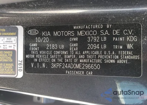 2021 Kia Forte Fe z USA, uszkodzony, nr VIN 3KPF24AD0ME296650